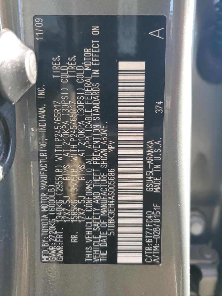 2010 Toyota Highlander VIN: 5TDBK3EH4AS005686 Lot: 72056945