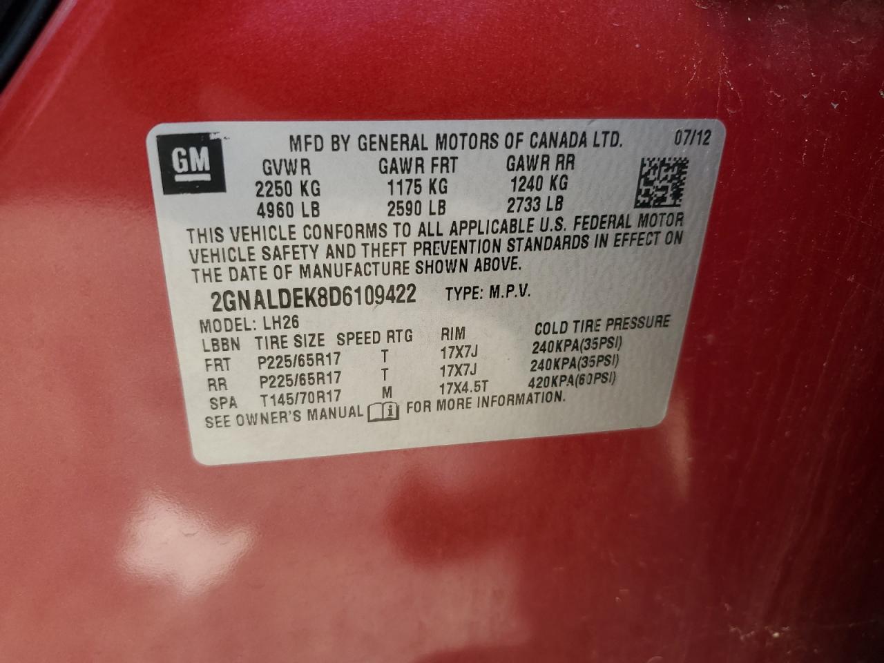 2013 Chevrolet Equinox Lt VIN: 2GNALDEK8D6109422 Lot: 81867035