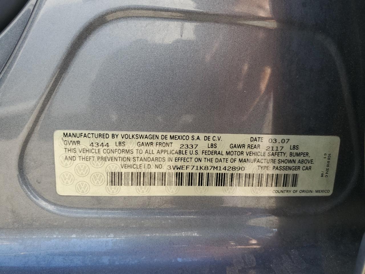 2007 Volkswagen Jetta Wolfsburg VIN: 3VWEF71K87M142890 Lot: 80213565