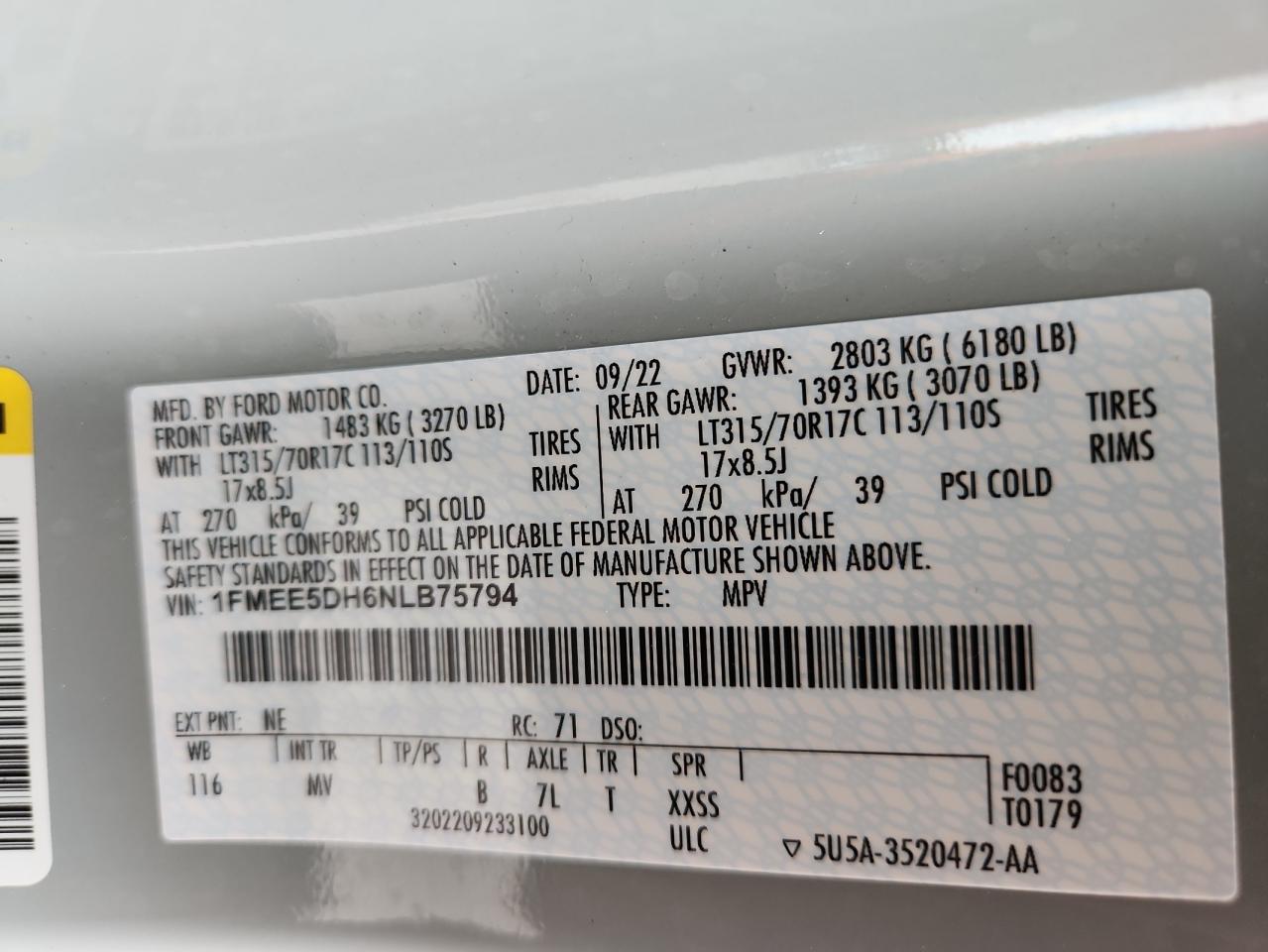 2022 Ford Bronco Base VIN: 1FMEE5DH6NLB75794 Lot: 71542725