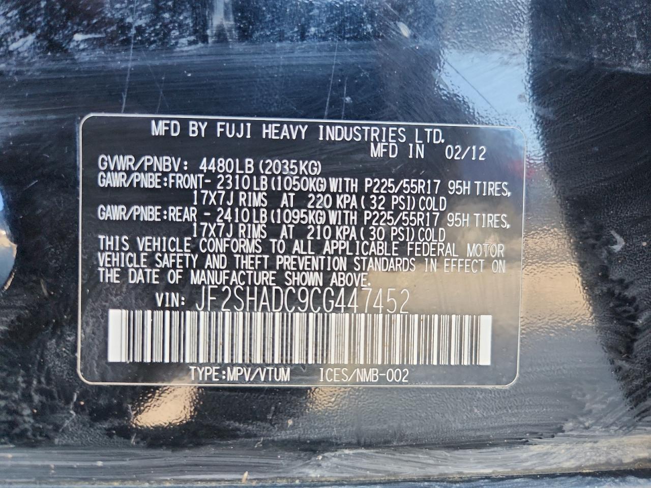 2012 Subaru Forester 2.5X Premium VIN: JF2SHADC9CG447452 Lot: 81460235