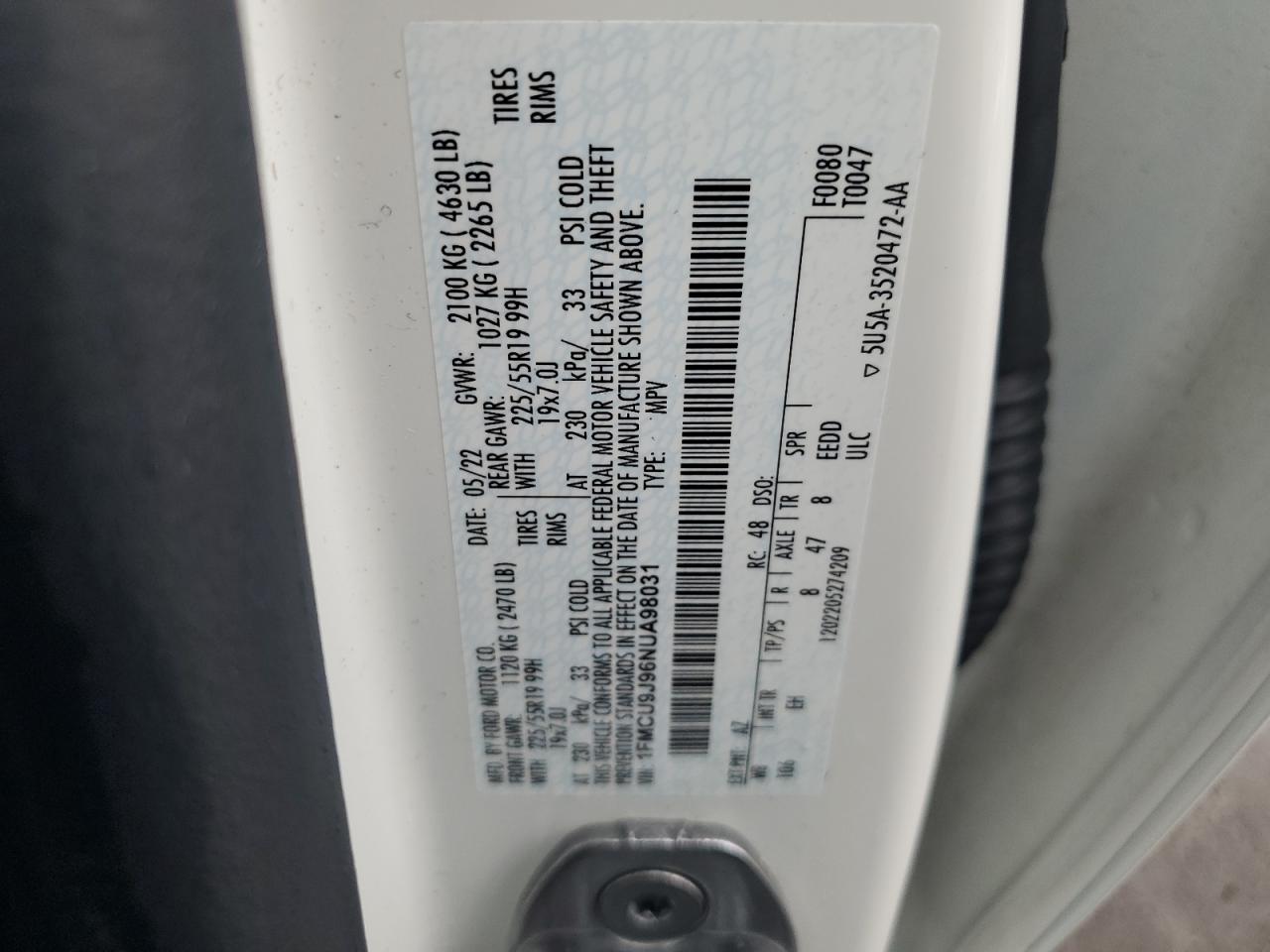 2022 Ford Escape Titanium VIN: 1FMCU9J96NUA98031 Lot: 81446425