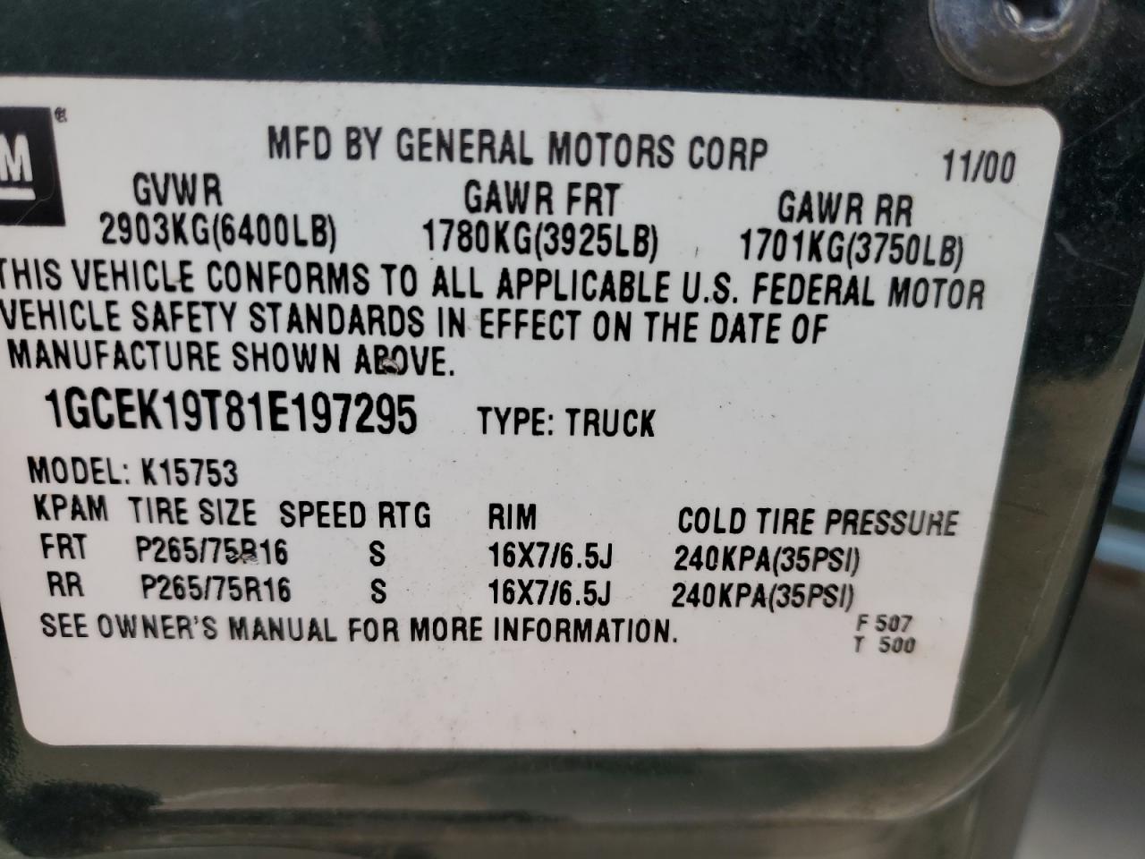 2001 Chevrolet Silverado K1500 VIN: 1GCEK19T81E197295 Lot: 71130995