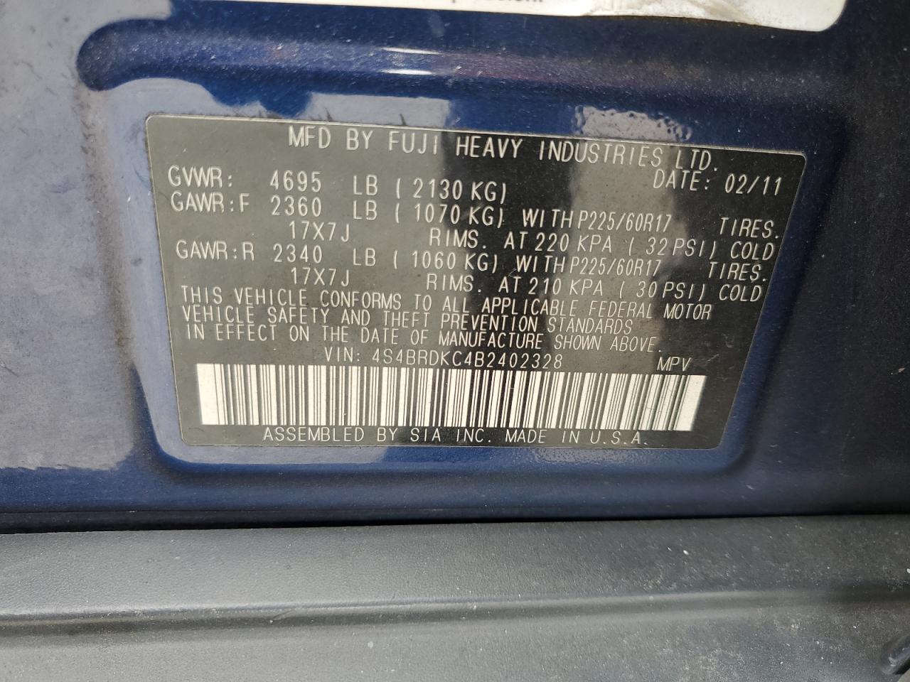 2011 Subaru Outback 3.6R Limited VIN: 4S4BRDKC4B2402328 Lot: 81768995