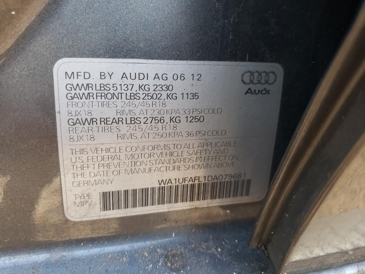 2013 Audi A4 Allroad Premium Plus VIN: WA1UFAFL1DA079681 Lot: 81862085