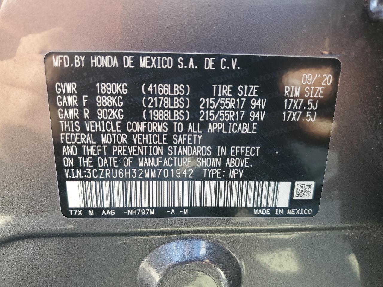 2021 Honda Hr-V Lx VIN: 3CZRU6H32MM701942 Lot: 80247675