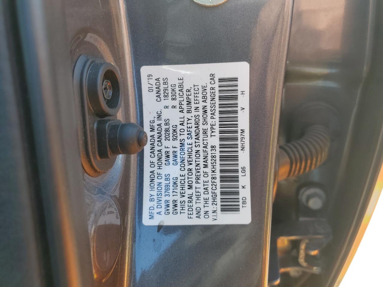 2019 Honda Civic Sport VIN: 2HGFC2F81KH528138 Lot: 80144045