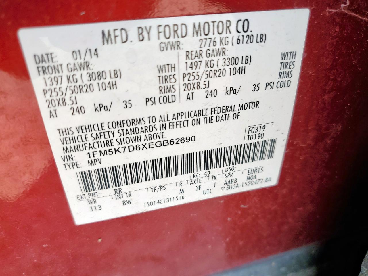 2014 Ford Explorer Xlt VIN: 1FM5K7D8XEGB62690 Lot: 81102025