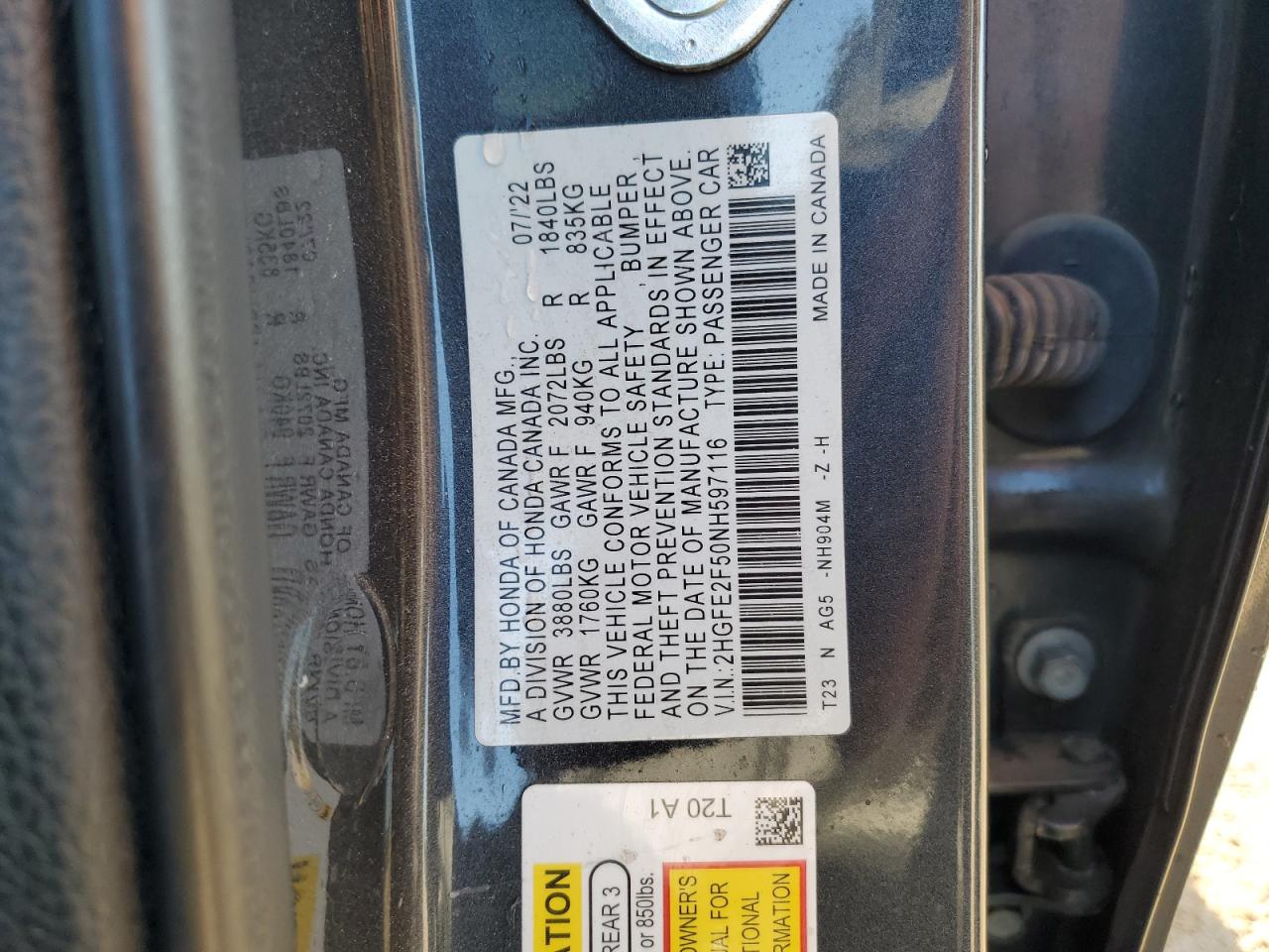 2022 Honda Civic Sport VIN: 2HGFE2F50NH597116 Lot: 71779155