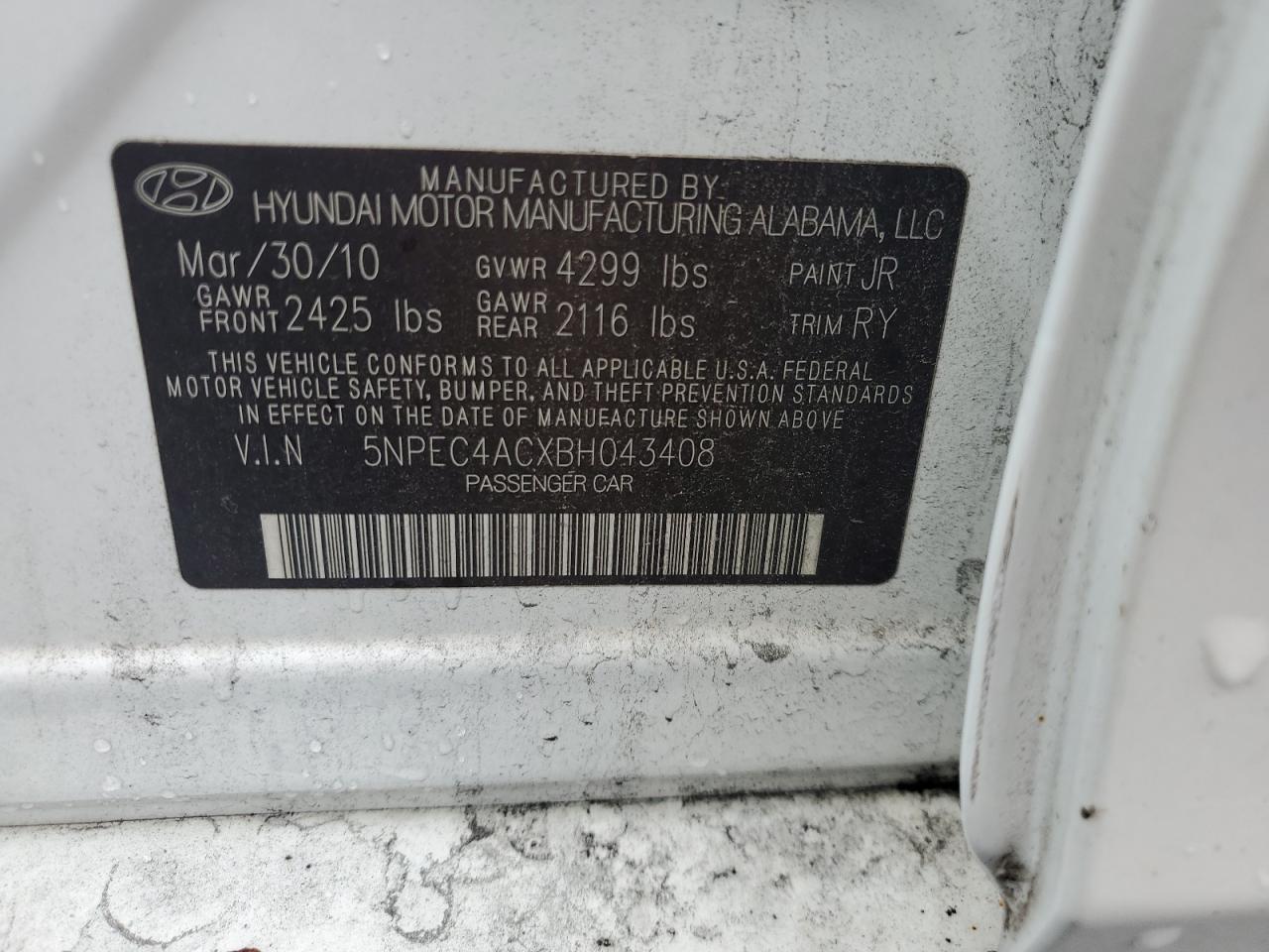 2011 Hyundai Sonata Se VIN: 5NPEC4ACXBH043408 Lot: 81149795