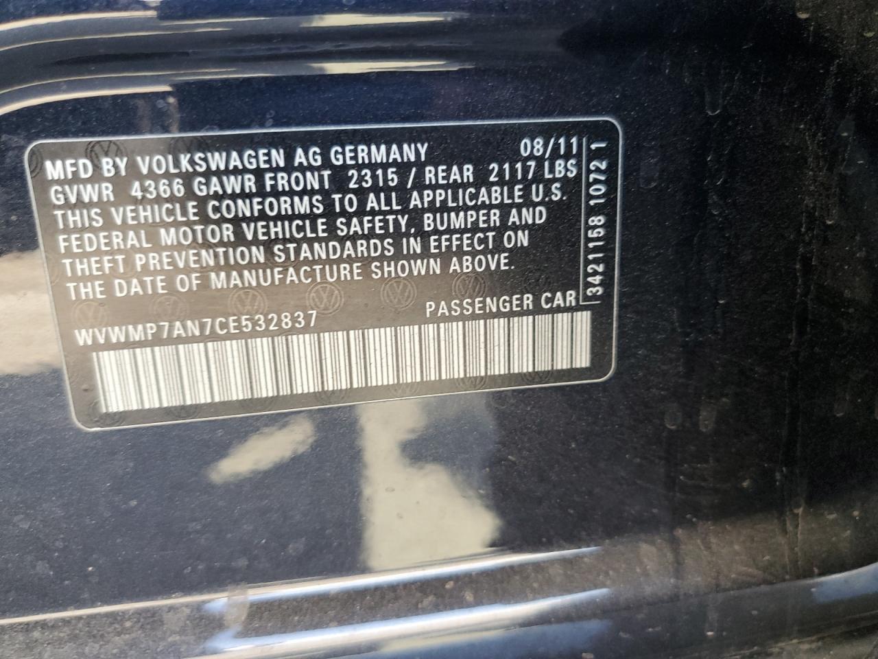 2012 Volkswagen Cc Sport VIN: WVWMP7AN7CE532837 Lot: 72046565