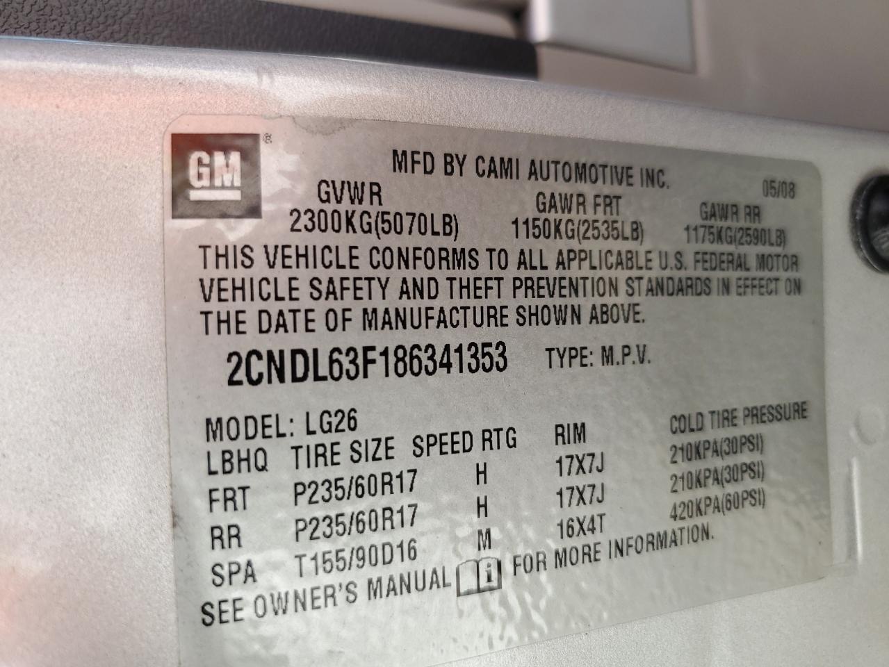 2008 Chevrolet Equinox Lt VIN: 2CNDL63F186341353 Lot: 81105935