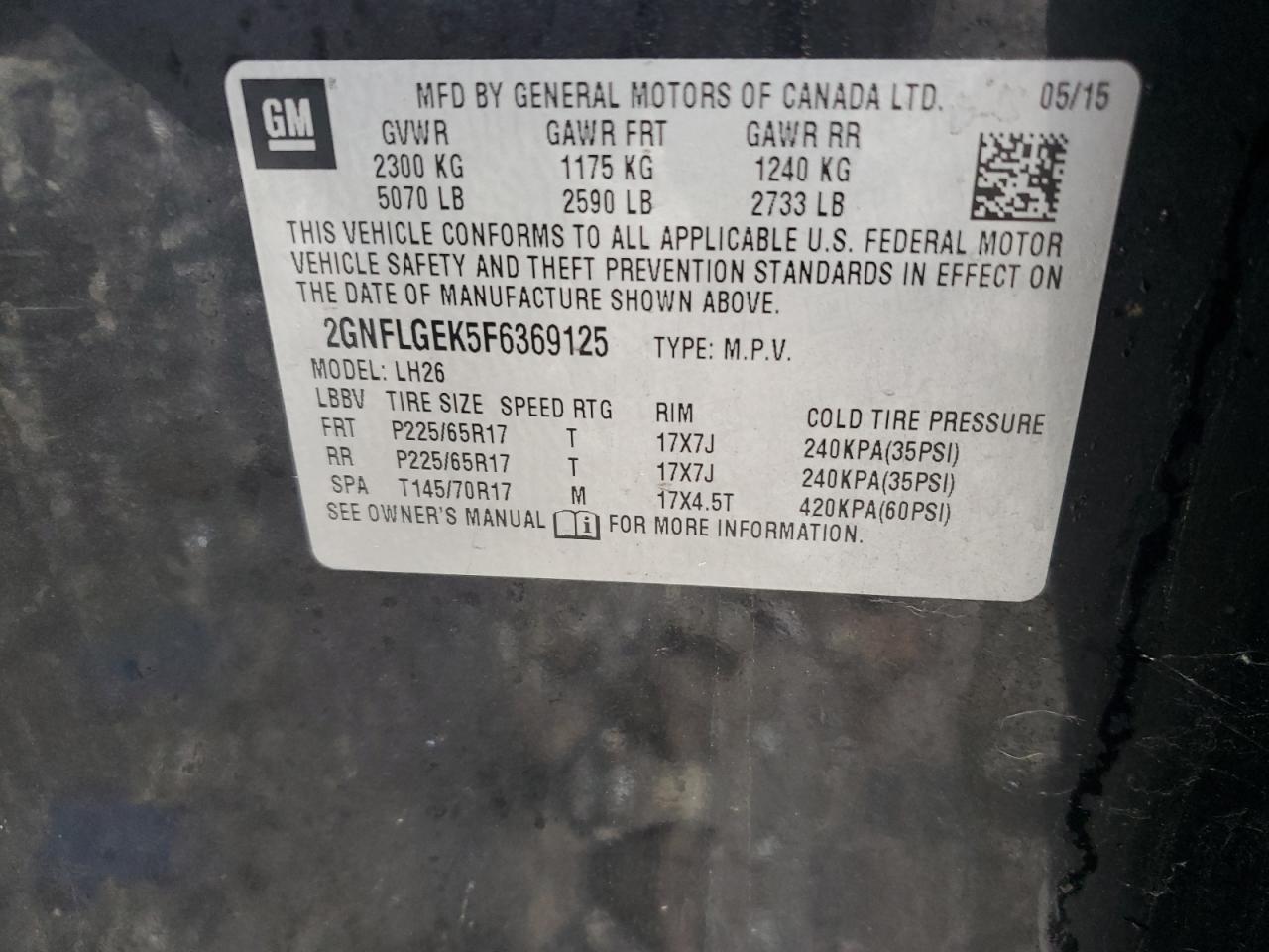 2015 Chevrolet Equinox Lt VIN: 2GNFLGEK5F6369125 Lot: 81786135