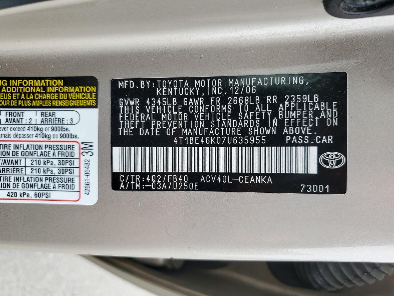 2007 Toyota Camry Ce VIN: 4T1BE46K07U635955 Lot: 80881135