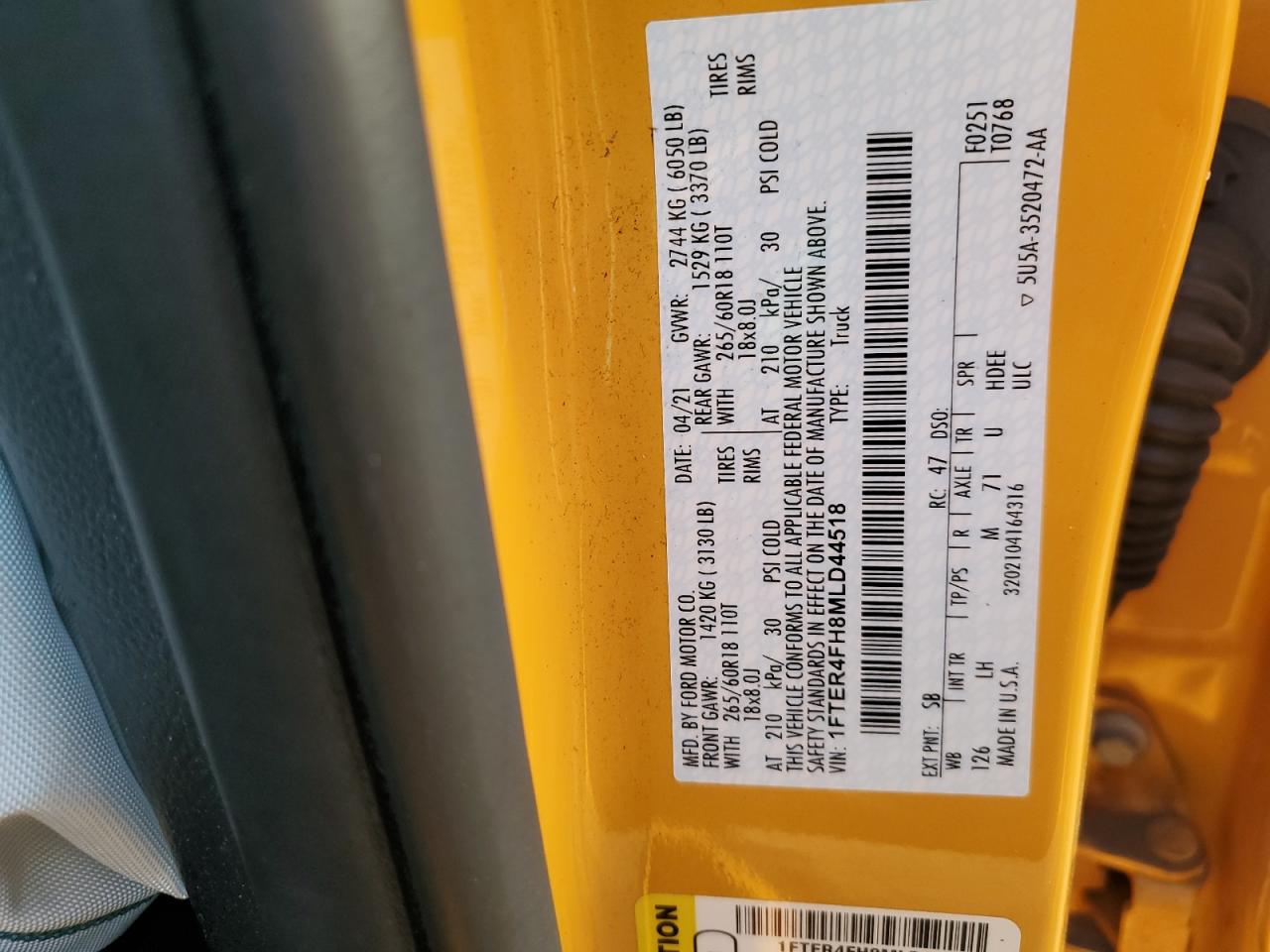 2021 Ford Ranger Xl VIN: 1FTER4FH8MLD44518 Lot: 71957515