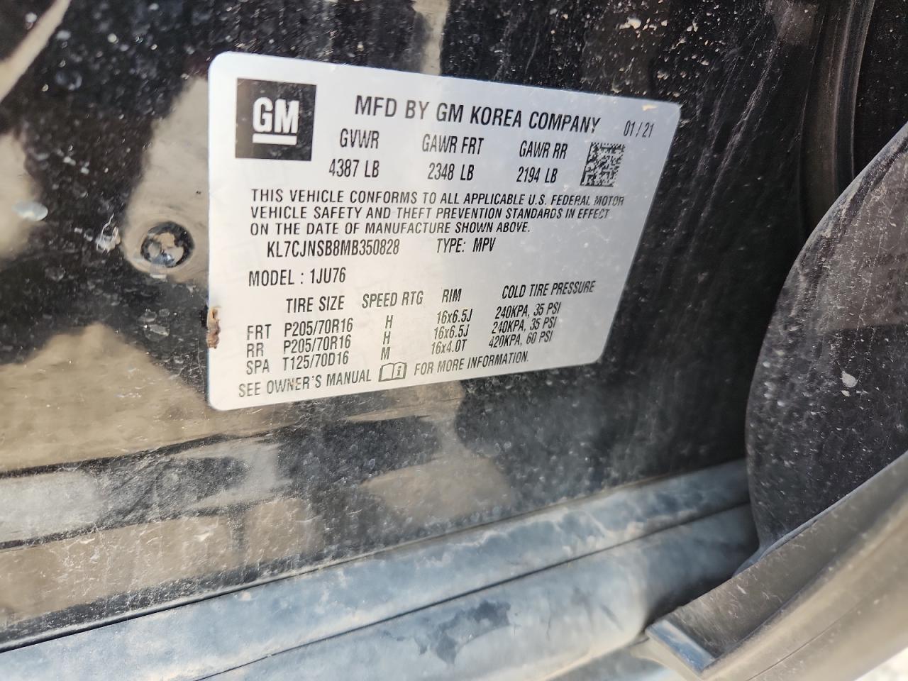 2021 Chevrolet Trax Ls VIN: KL7CJNSB8MB350828 Lot: 71974995