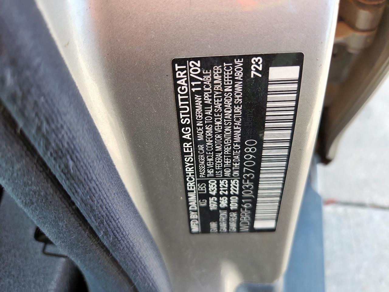 2003 Mercedes-Benz C 240 VIN: WDBRF61J03F370980 Lot: 81680475