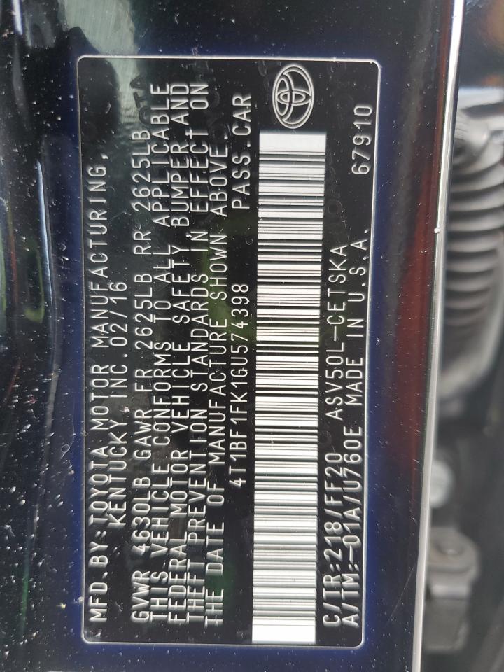 2016 Toyota Camry Le VIN: 4T1BF1FK1GU574398 Lot: 84204935