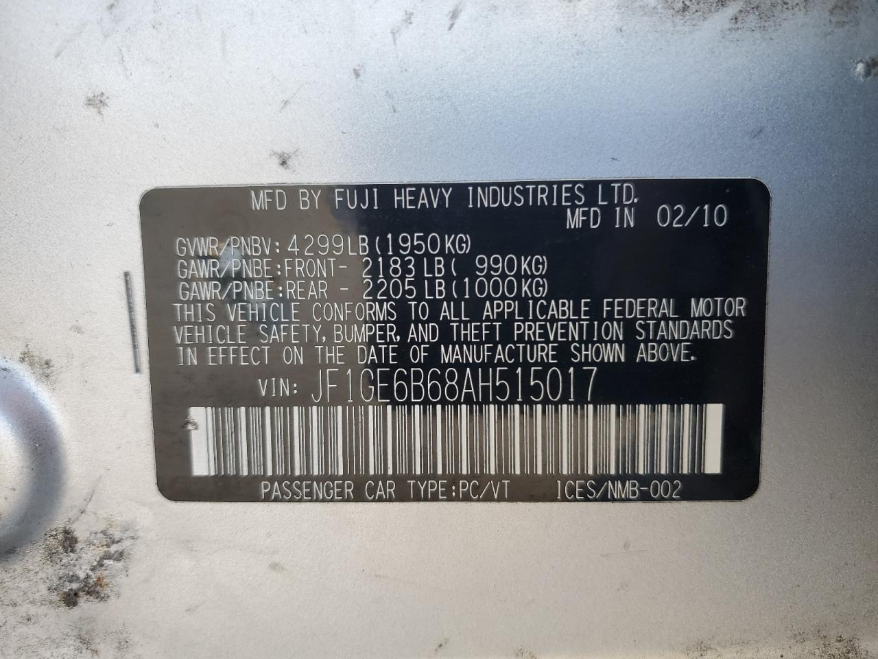 2010 Subaru Impreza 2.5I Premium VIN: JF1GE6B68AH515017 Lot: 81102235