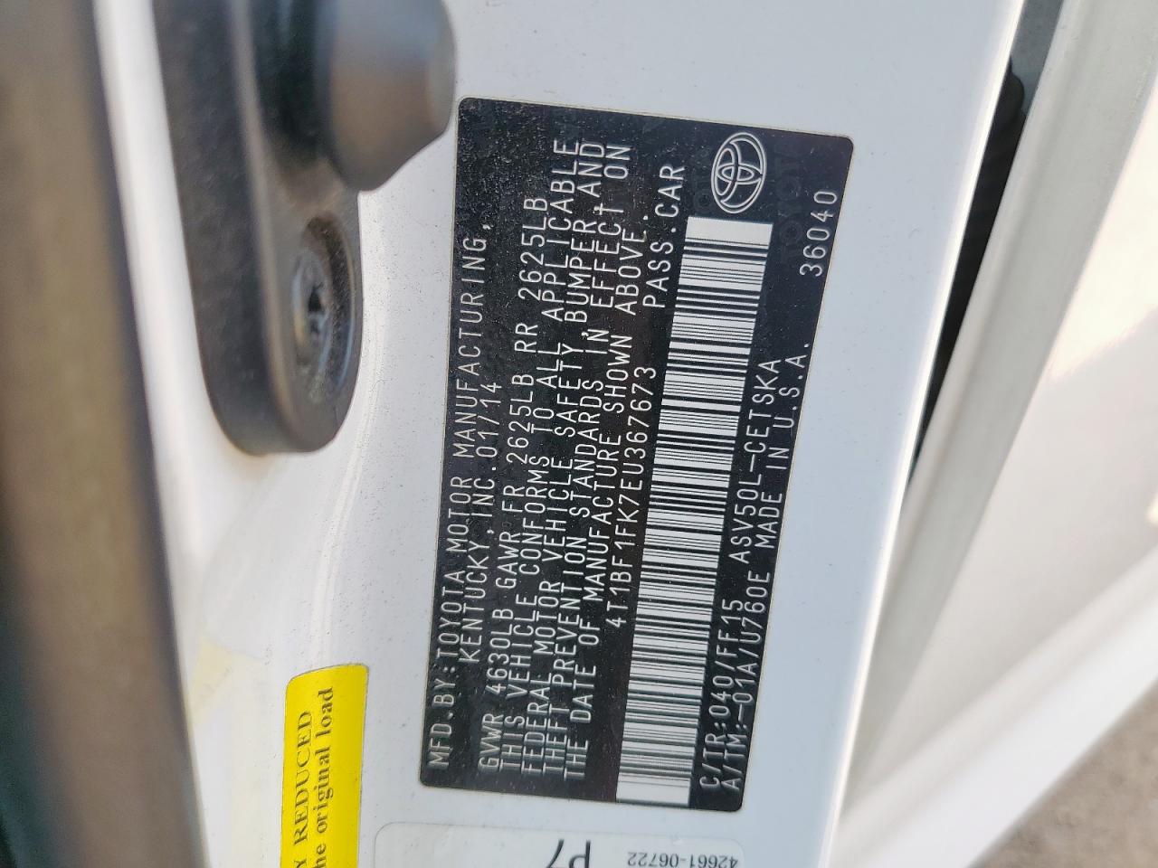 2014 Toyota Camry L VIN: 4T1BF1FK7EU367673 Lot: 84803825