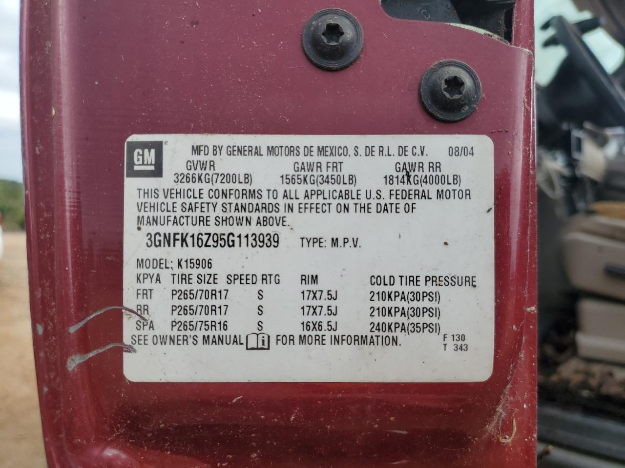 2005 Chevrolet Suburban K1500 VIN: 3GNFK16Z95G113939 Lot: 81970295