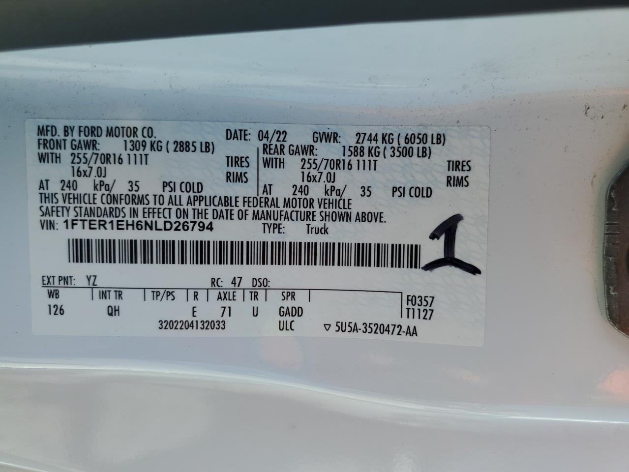 2022 Ford Ranger Xl VIN: 1FTER1EH6NLD26794 Lot: 80085445