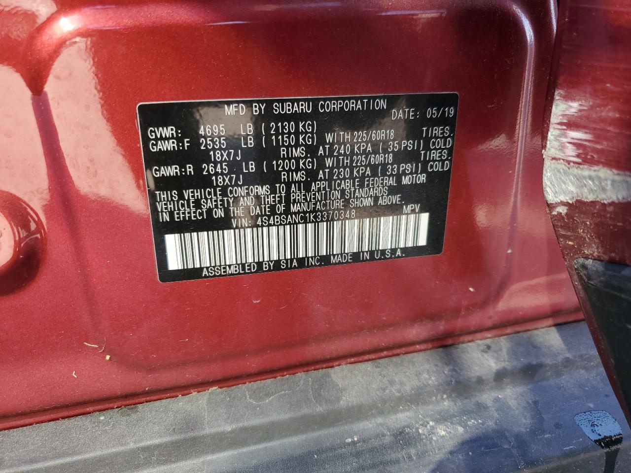 2019 Subaru Outback 2.5I Limited VIN: 4S4BSANC1K3370348 Lot: 80324335