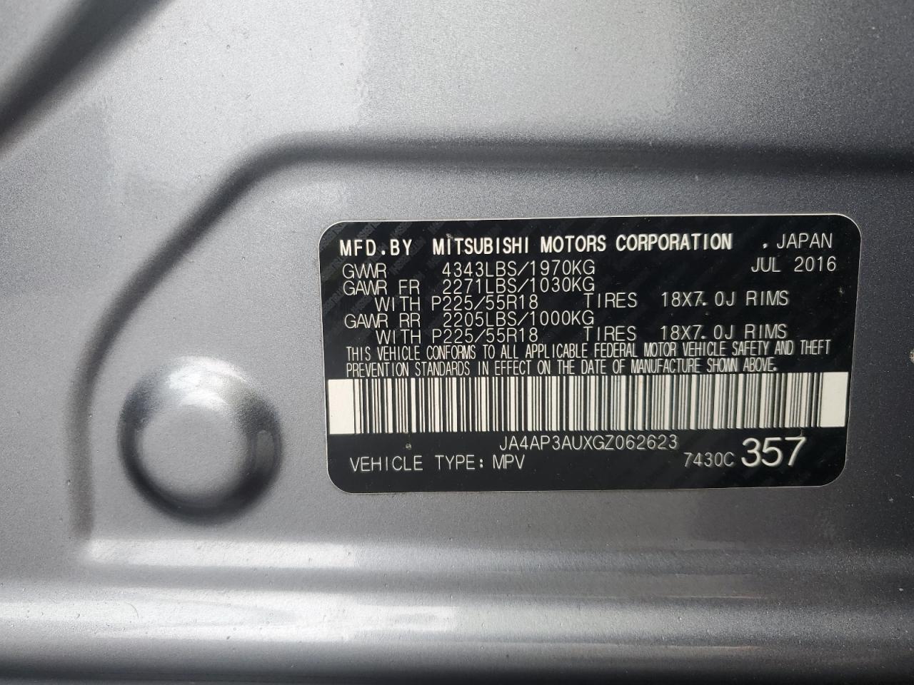 2016 Mitsubishi Outlander Sport Es VIN: JA4AP3AUXGZ062623 Lot: 80780005