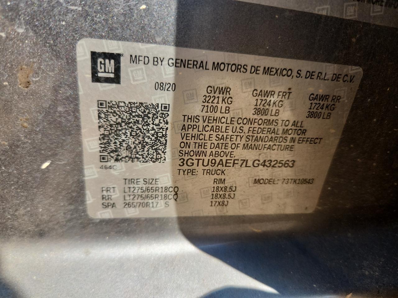 2020 GMC Sierra K1500 VIN: 3GTU9AEF7LG432563 Lot: 80170465