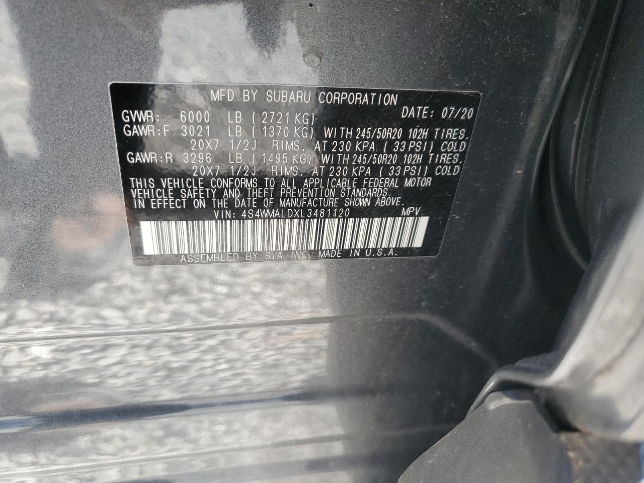 2020 Subaru Ascent Limited VIN: 4S4WMALDXL3481120 Lot: 84707645