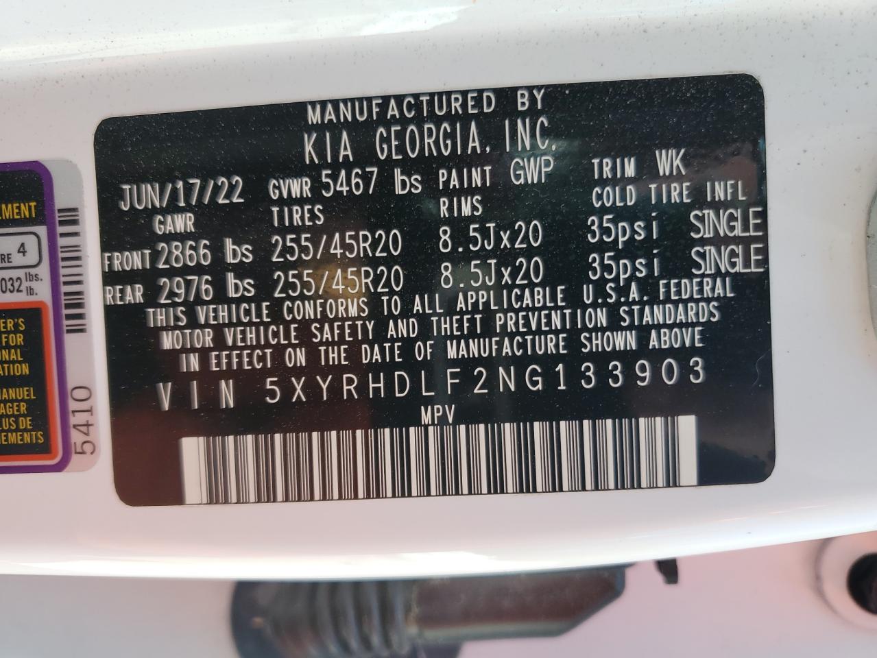 2022 Kia Sorento Ex VIN: 5XYRHDLF2NG133903 Lot: 83749075