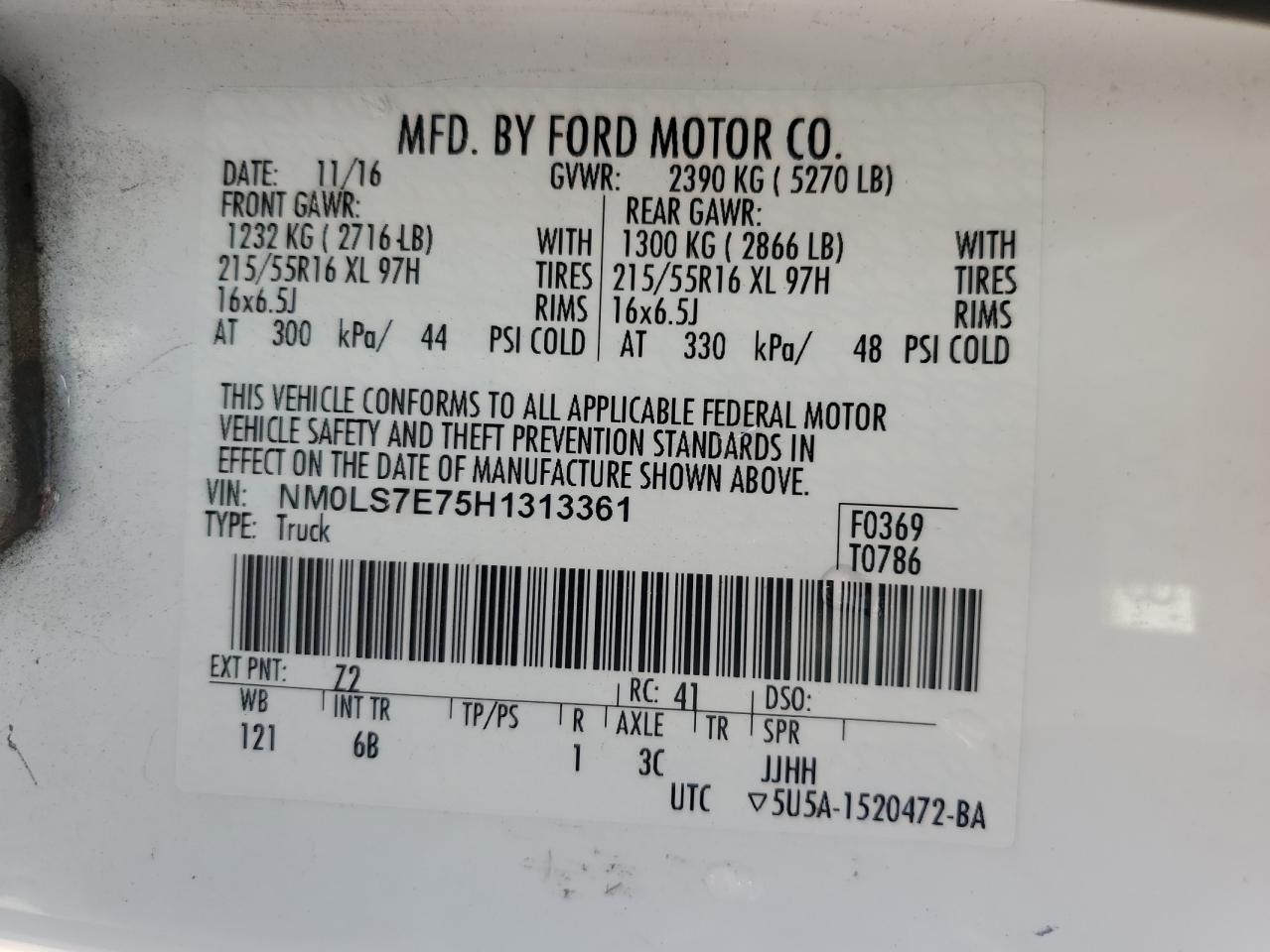 2017 Ford Transit Connect Van VIN: NM0LS7E75H1313361 Lot: 71830025