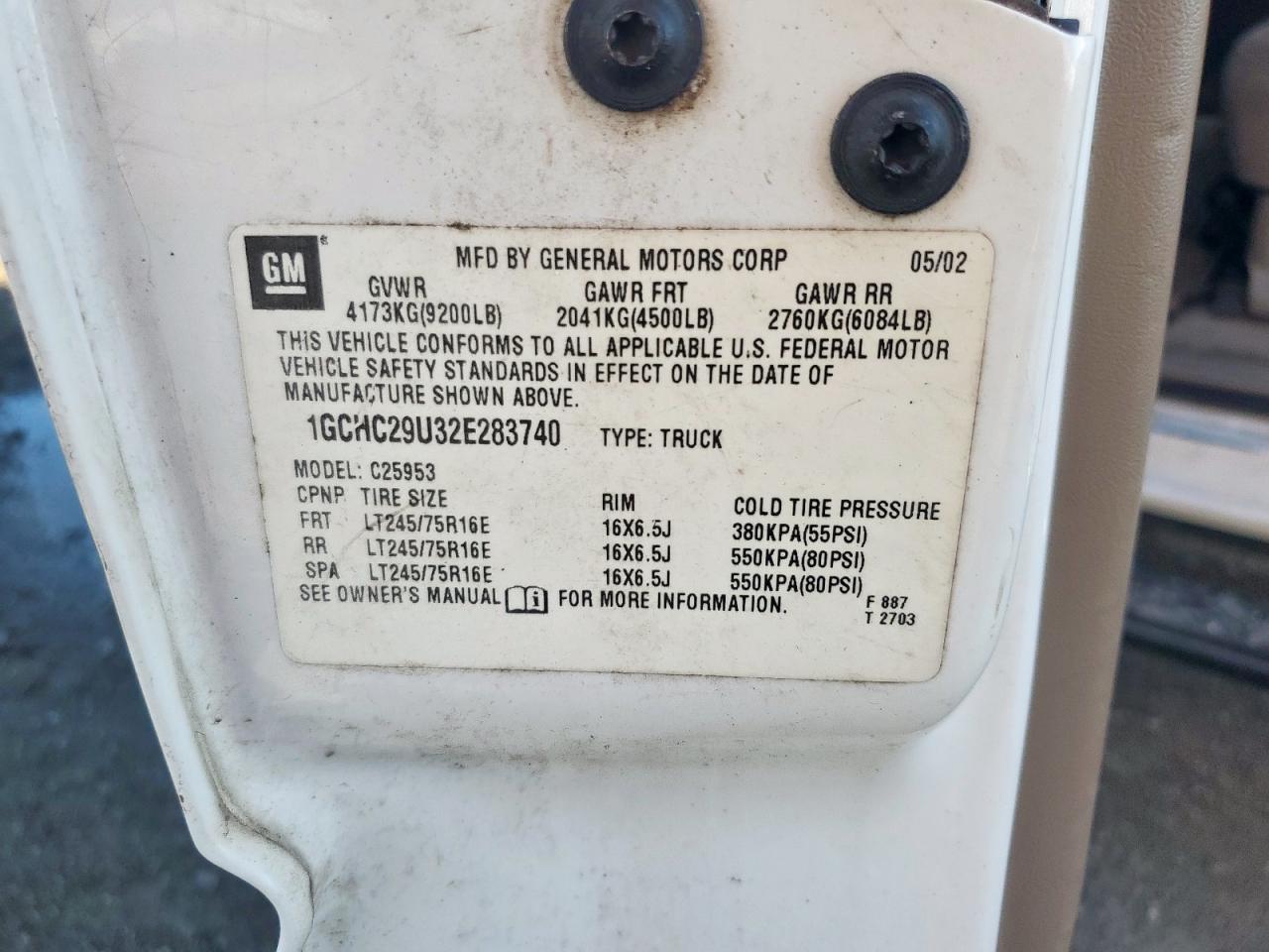 2002 Chevrolet Silverado C2500 Heavy Duty VIN: 1GCHC29U32E283740 Lot: 83869925