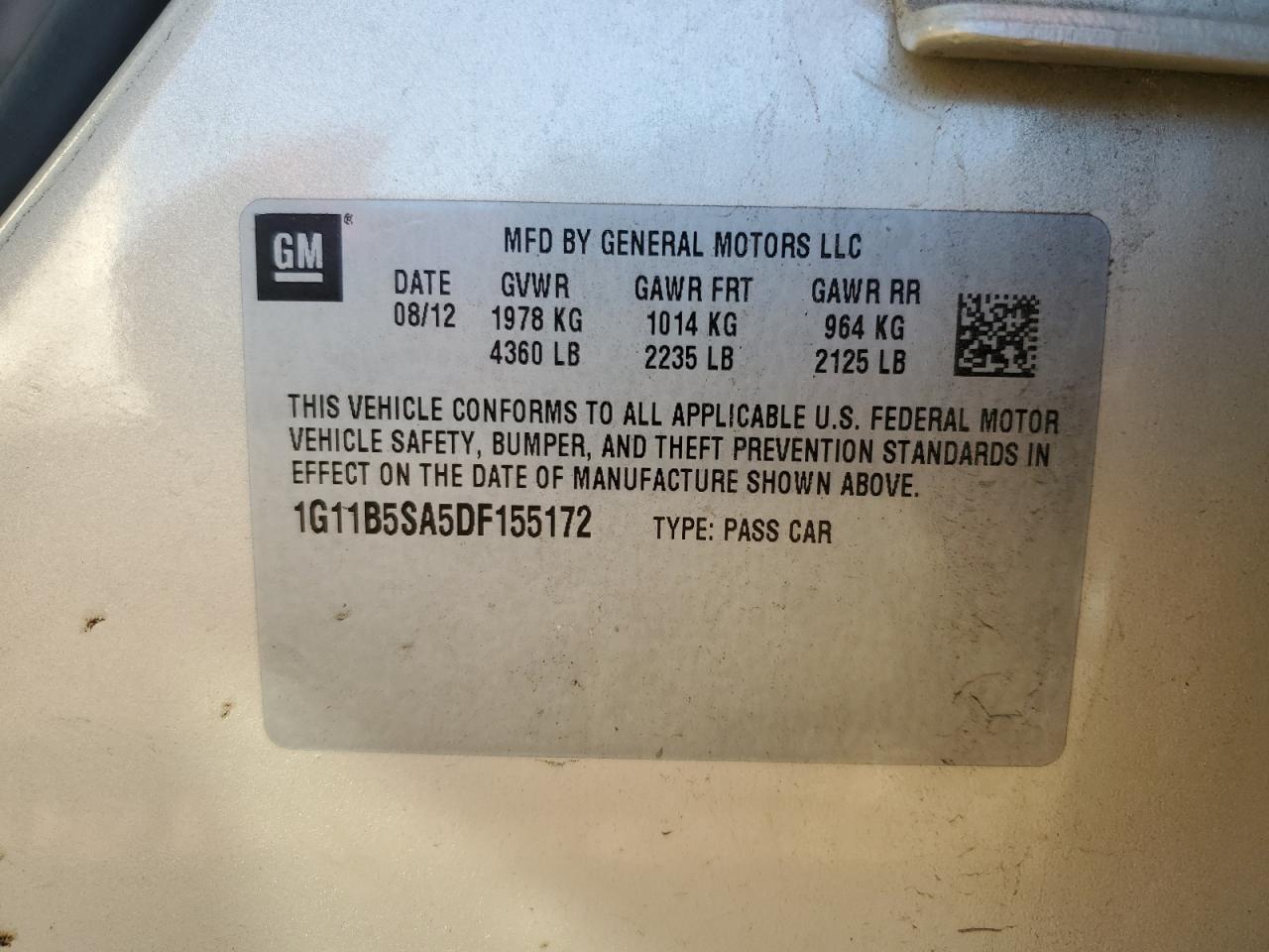 2013 Chevrolet Malibu Ls VIN: 1G11B5SA5DF155172 Lot: 81619215