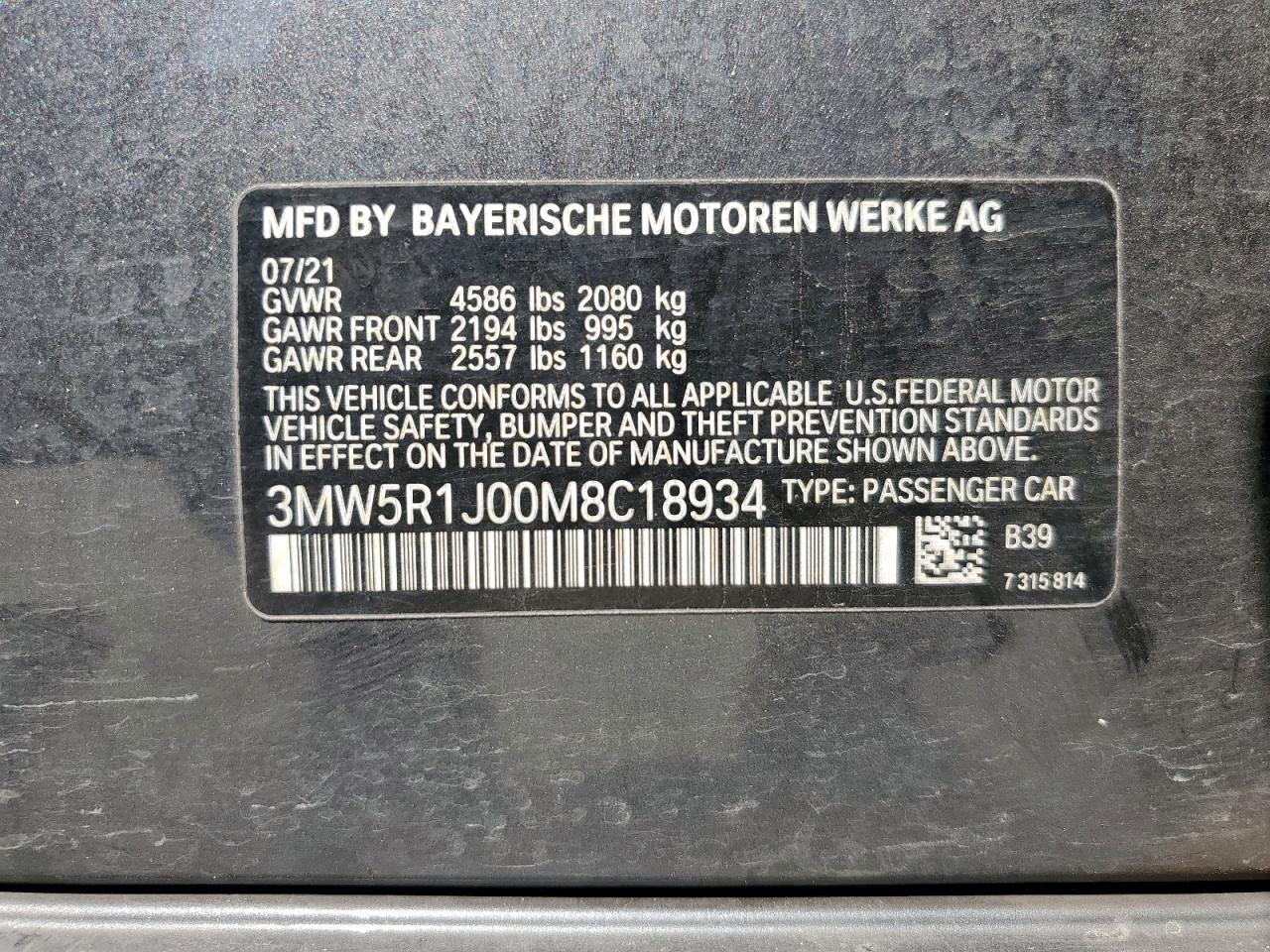 2021 BMW 330I VIN: 3MW5R1J00M8C18934 Lot: 80449995