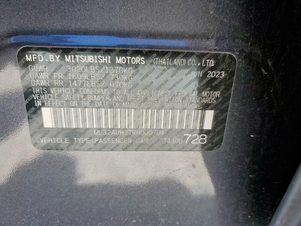 2024 Mitsubishi Mirage Es VIN: ML32AUHJ7RH000704 Lot: 80277365