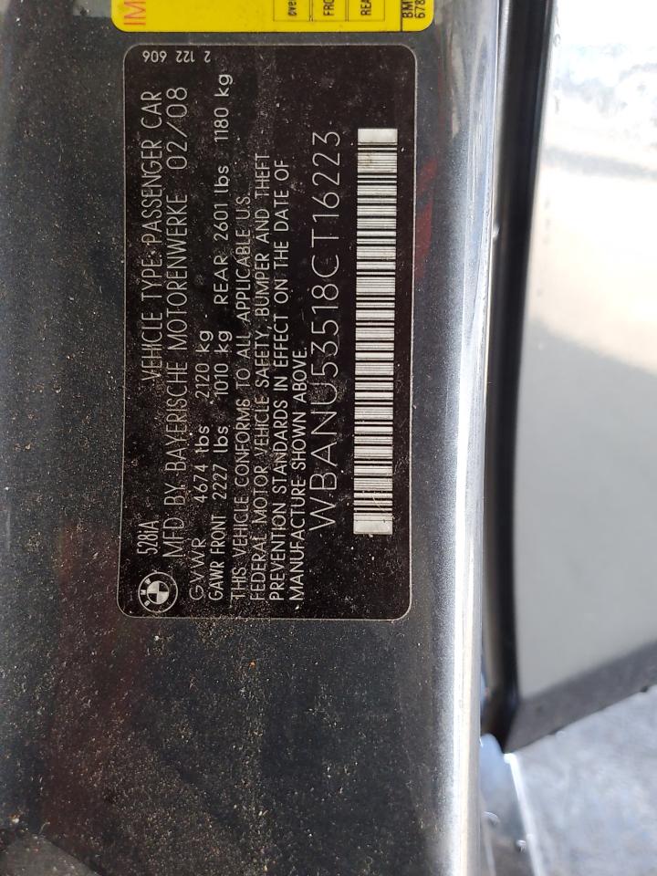 2008 BMW 528 I VIN: WBANU53518CT16223 Lot: 83769355