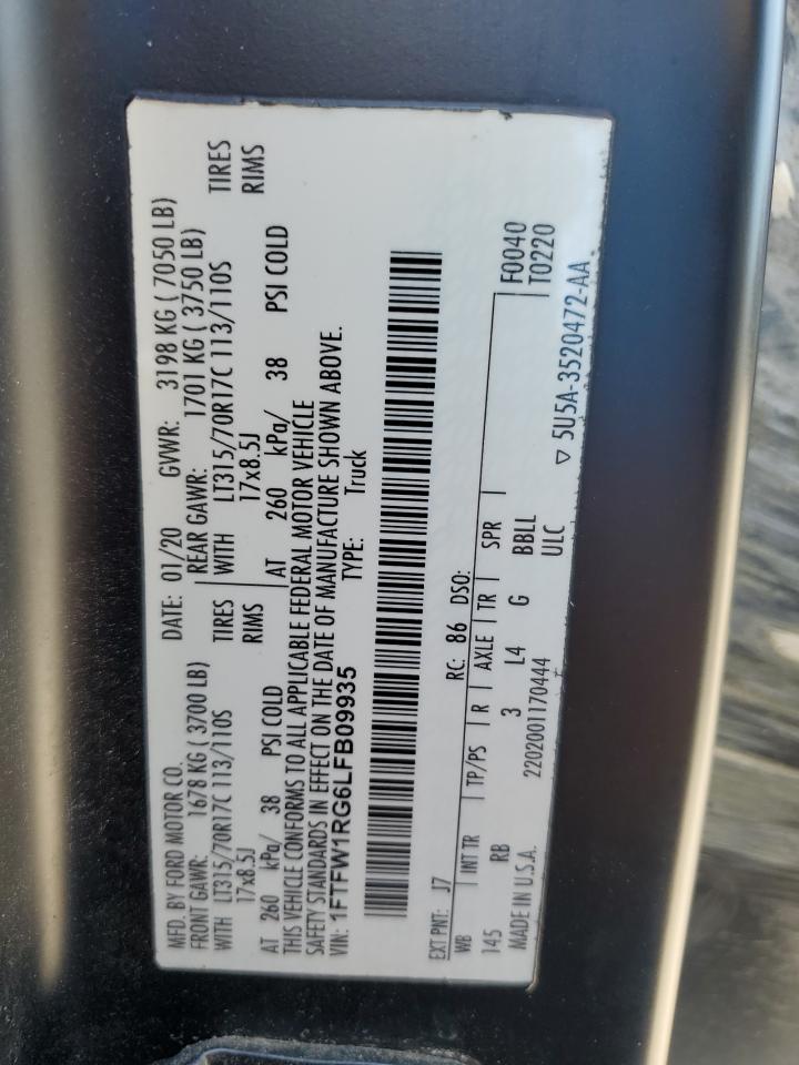 2020 Ford F150 Raptor VIN: 1FTFW1RG6LFB09935 Lot: 80071985