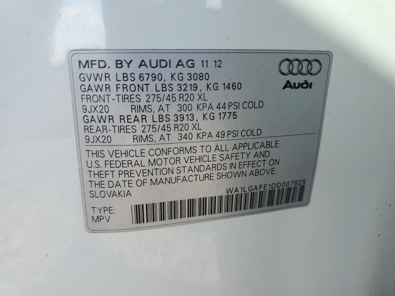 2013 Audi Q7 Premium Plus VIN: WA1LGAFE1DD007825 Lot: 81119025