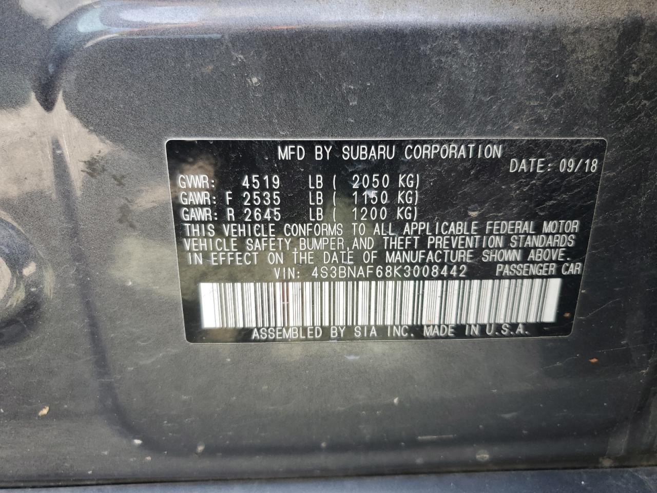 2019 Subaru Legacy 2.5I Premium VIN: 4S3BNAF68K3008442 Lot: 80823485