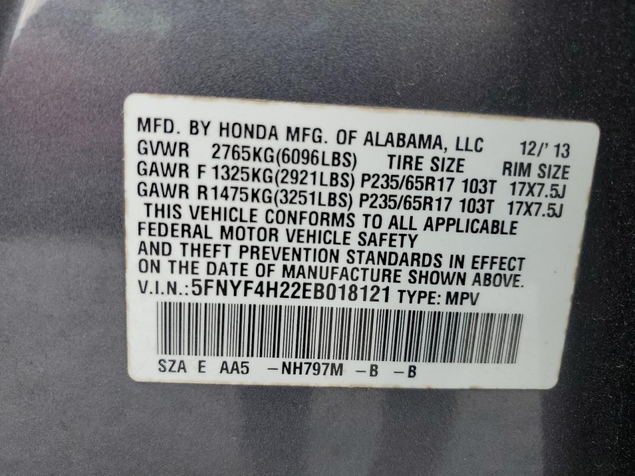2014 Honda Pilot Lx VIN: 5FNYF4H22EB018121 Lot: 80686575