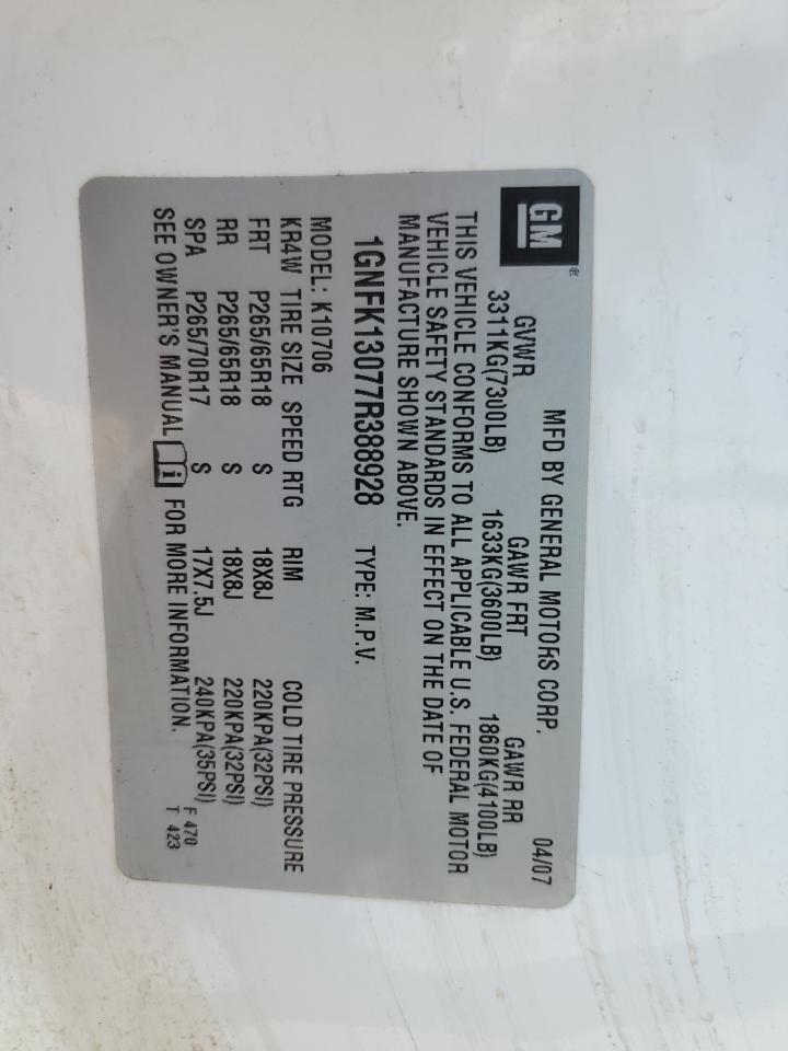 2007 Chevrolet Tahoe K1500 VIN: 1GNFK13077R388928 Lot: 71288255