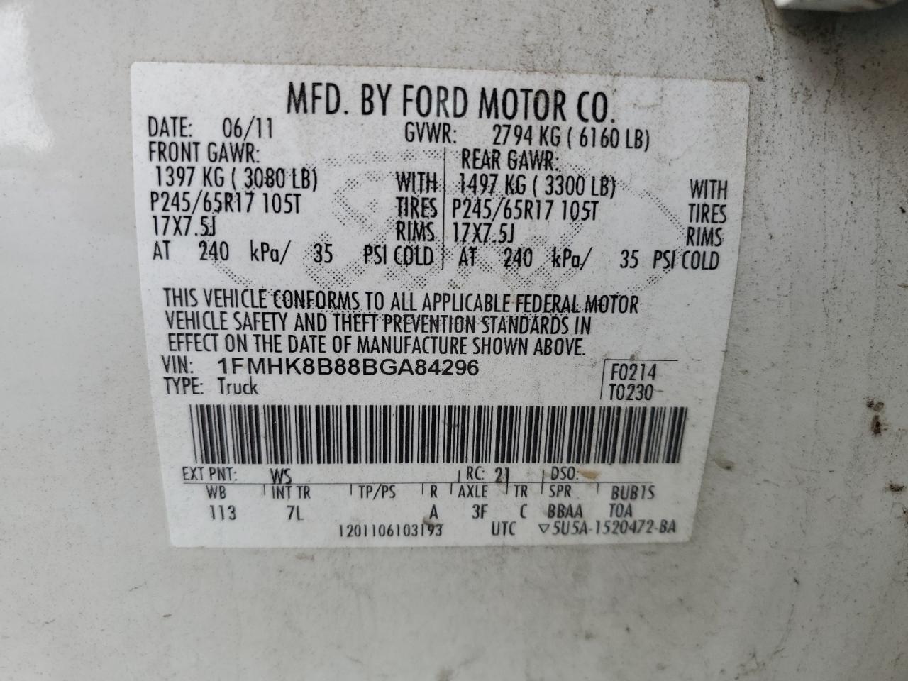 2011 Ford Explorer VIN: 1FMHK8B88BGA84296 Lot: 81269785