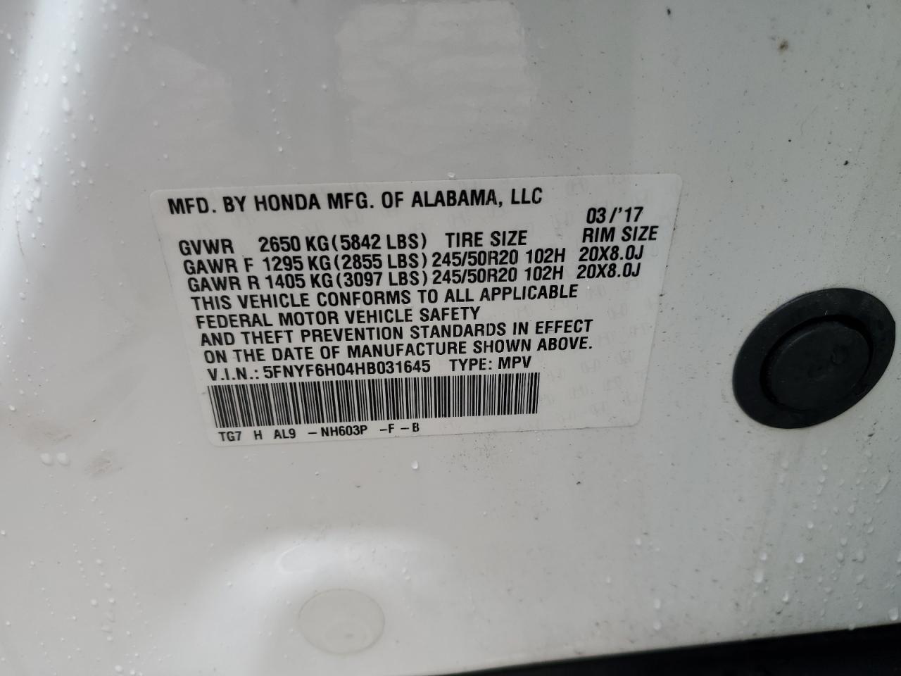2017 Honda Pilot Elite VIN: 5FNYF6H04HB031645 Lot: 83862535
