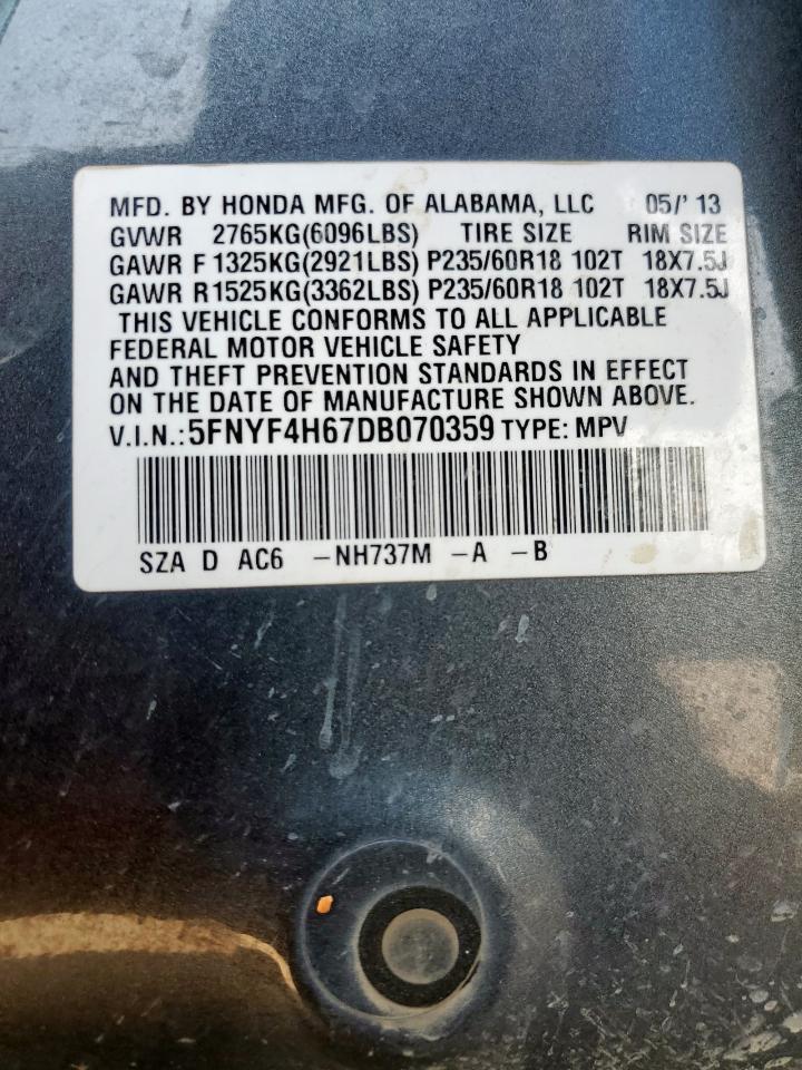 2013 Honda Pilot Exl VIN: 5FNYF4H67DB070359 Lot: 80754985