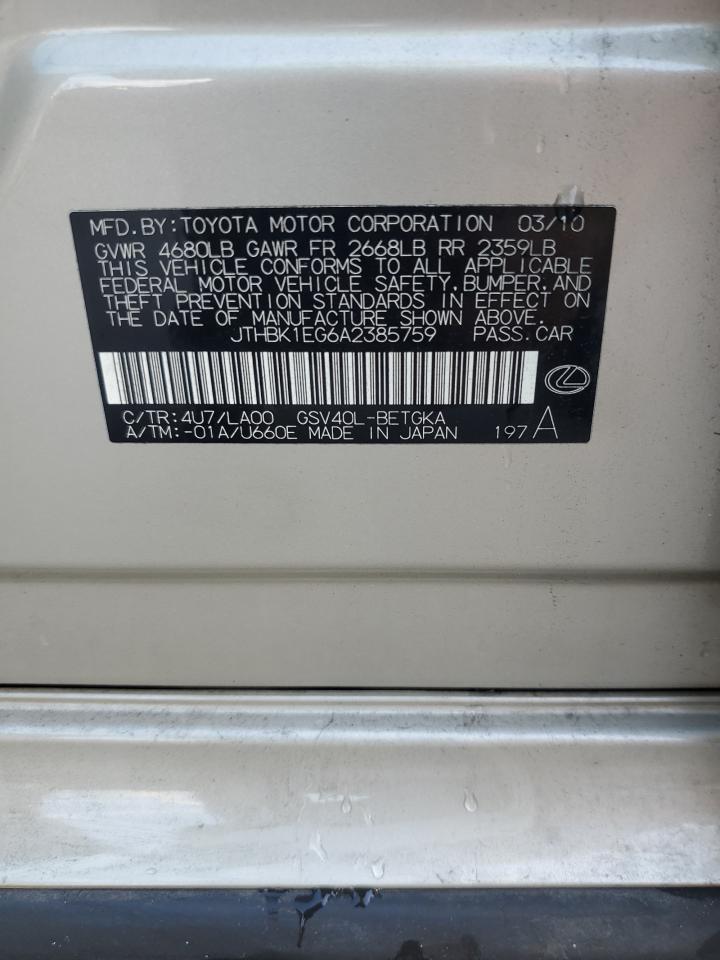 2010 Lexus Es 350 VIN: JTHBK1EG6A2385759 Lot: 80987845