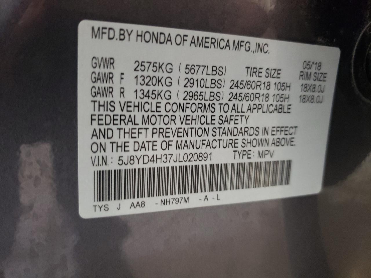 2018 Acura Mdx VIN: 5J8YD4H37JL020891 Lot: 81817485