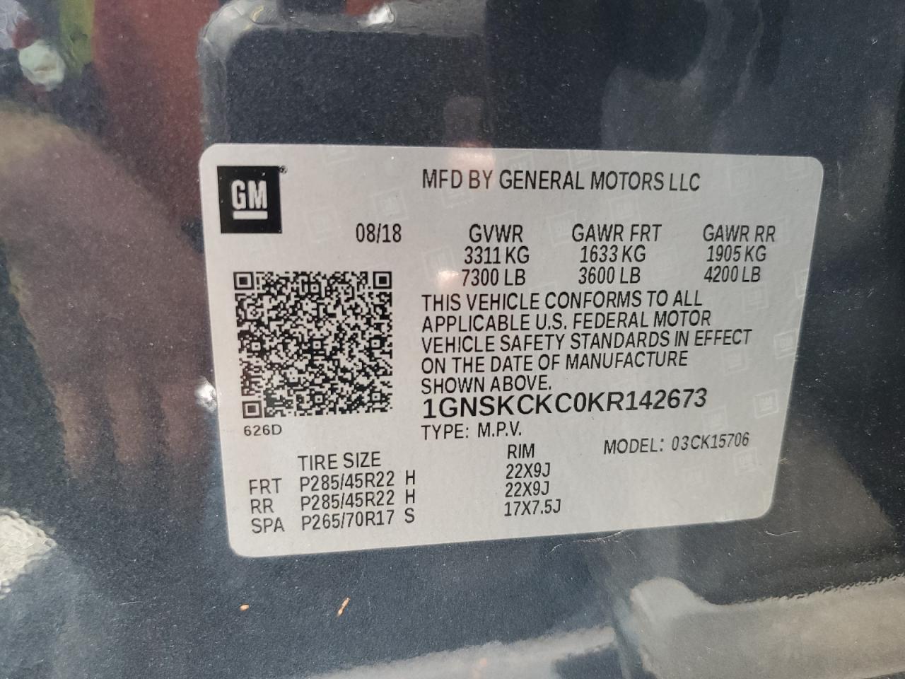 2019 Chevrolet Tahoe K1500 Premier VIN: 1GNSKCKC0KR142673 Lot: 81053315