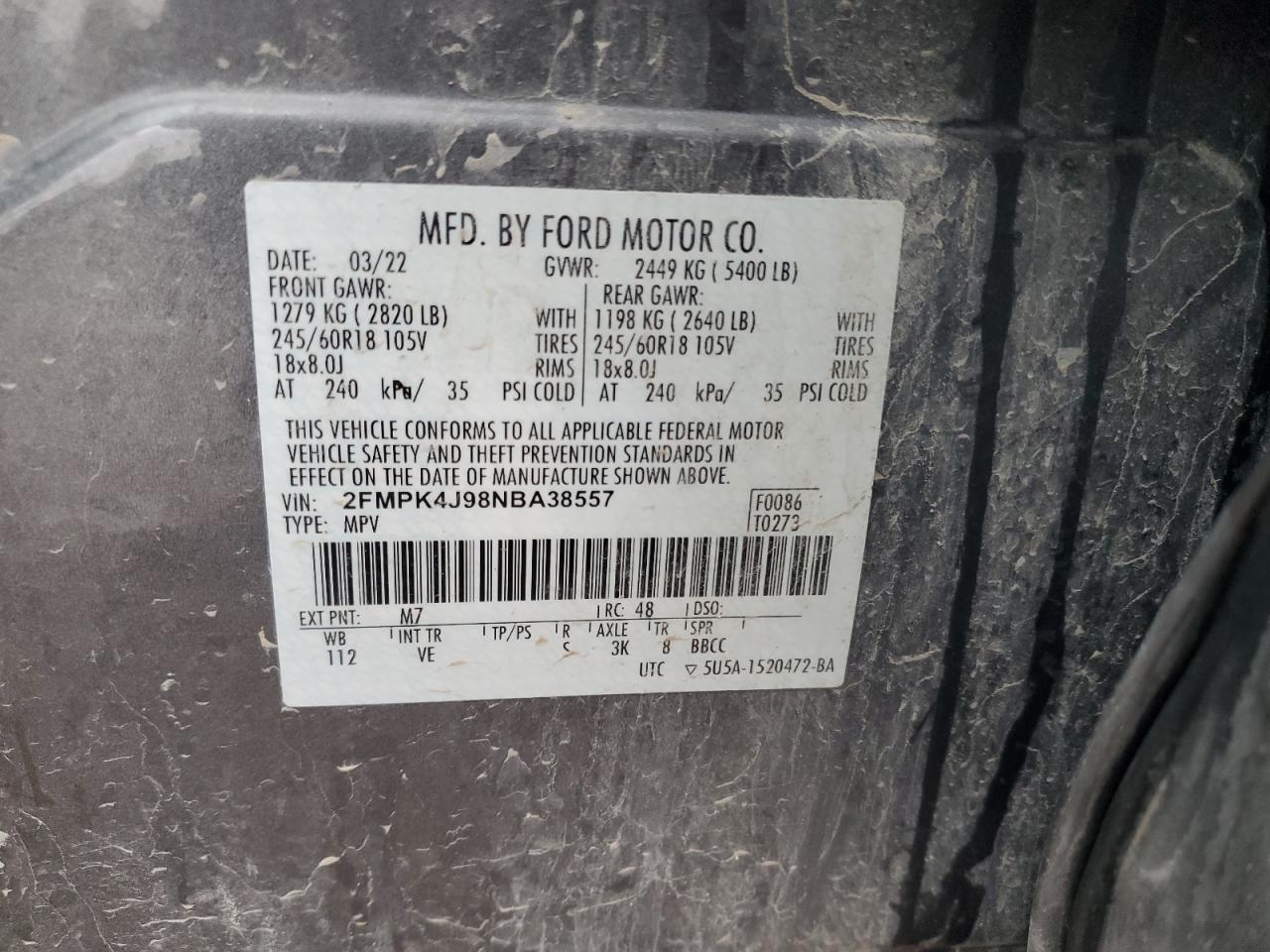 2022 Ford Edge Sel VIN: 2FMPK4J98NBA38557 Lot: 83954685