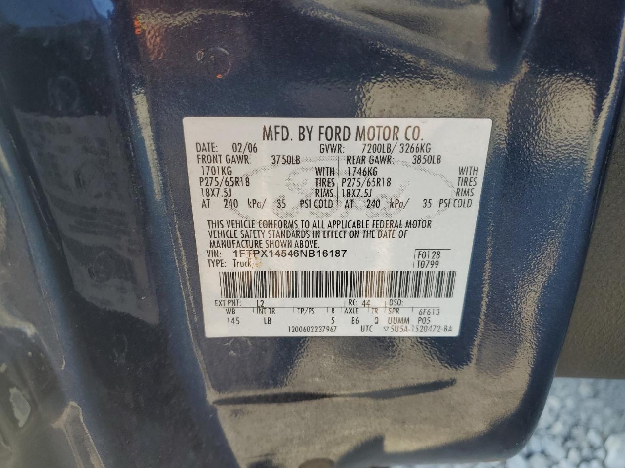 2006 Ford F150 VIN: 1FTPX14546NB16187 Lot: 81932205